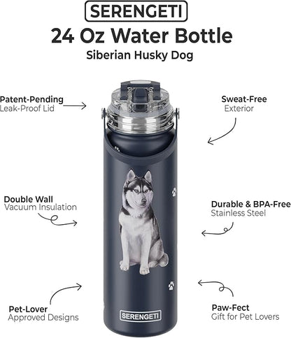 E&S Pets SERENGETI 24 Oz Water Bottle Stainless Steel with Spill Proof Lid - Double walled Vacuum Insulated water flask - Realistic 3D Print of your favorite dog (Siberian Husky)