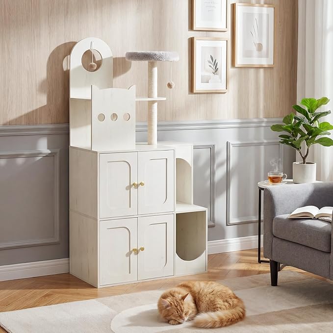 HOOBRO Cat Litter Box Enclosure Furniture for 2 Cats, 2 in 1 Hidden Litter Box Furniture with Sisal Scratching Posts and Dangling Balls, Double Litter Box Cabinet with Cat Tree, Indoor Cat House White
