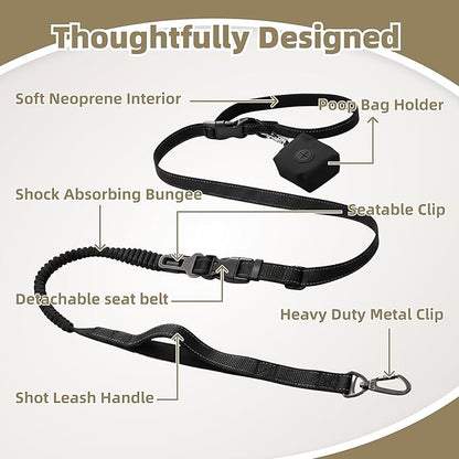 6-in-1 Hands-Free Dog Leash, Waist & Crossbody Bungee Lead with Dual Padded Handles, Bungee Shock Absorbing, Seat Belt Buckle, Reflective for Small Medium Large Dogs, Black