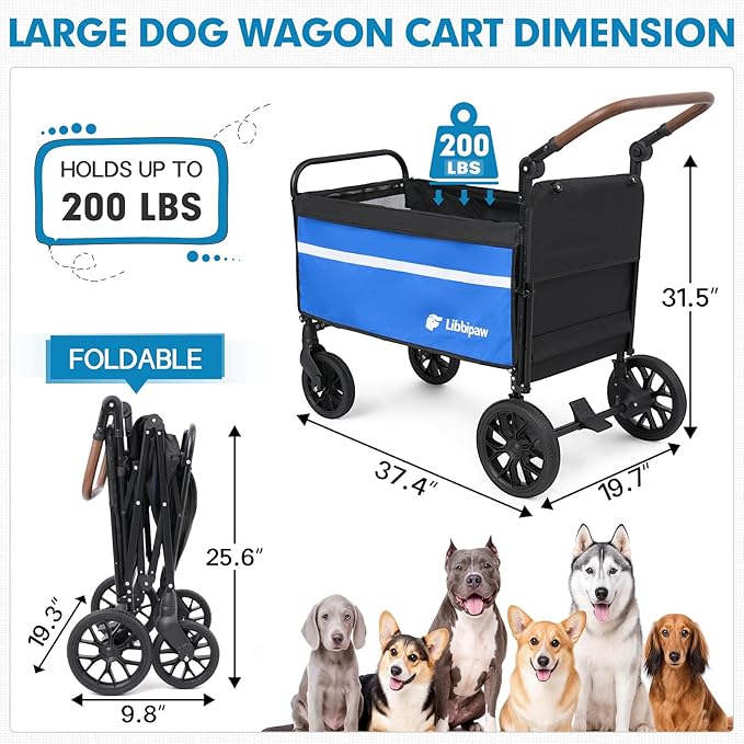 Dog Wagon for Medium Large Dogs up to 200lbs, All Terrain Foldable Large Dog Stroller with Ramp, Wagon for Dog with Adjustable Handle & One-Step Brake(Blue)