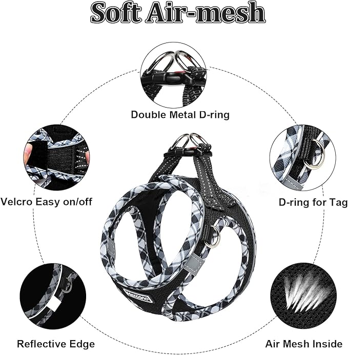 Mercano Soft Mesh Dog Harness and Leash Set, No-Chock Step-in Reflective Breathable Lightweight Easy Walk Vest Harnesses with Safety Buckle for Small Dogs, Cats (Black White, XS)
