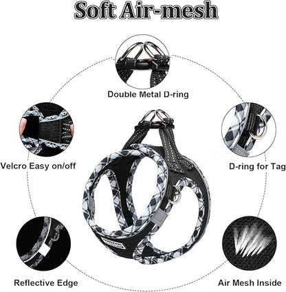 Mercano Soft Mesh Dog Harness and Leash Set, No-Chock Step-in Reflective Breathable Lightweight Easy Walk Vest Harnesses with Safety Buckle for Small Dogs, Cats (Black White, XL)