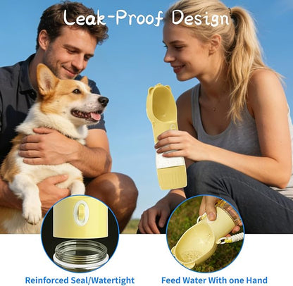 YFL Portable Dog Water Bottle with Food Container - 2 in 1 Travel Puppy Water Dispenser with Crossbody Sling & Strap - Leak Proof, Aesthetic Dog Walking Accessory for Hiking (Yellow)
