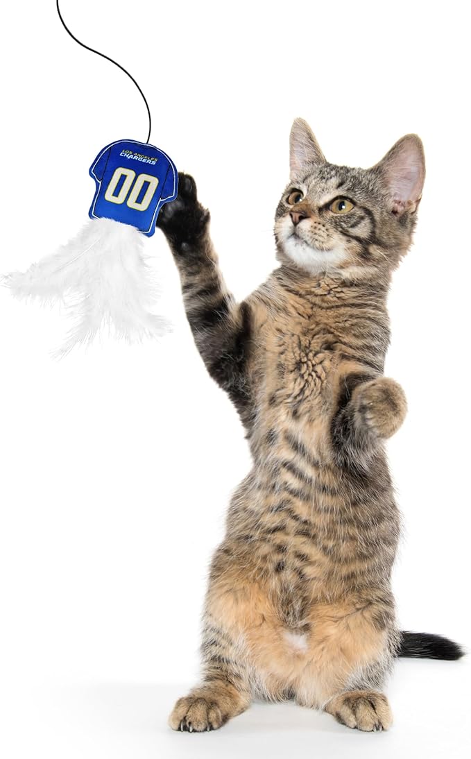 NFL Los Angeles Chargers Team Jersey Wand with CAT NIP, Cat Toy Jersey Shaped Plush Teaser Toy for Cats & Kittens - Interactive Pet Toy for Play & Exercise