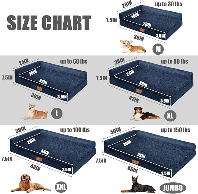 Patas Lague Orthopedic Dog Bed Large Sized Dog 36''X24'', Waterproof L Bolster Medium Pet Sofa Beds with Removable Washable Cover, Soft Comfortable Pet Couch Crate Mat with Nonskid Bottom, Navy Blue