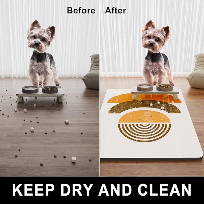 Dog Food Mat, 12" x 19" Absorbent Dog Cat Bowl Mat for Food and Water, Cute Anti-Slip Rubber Pet Feeding Rug Protect Floors Washable Placemat for Feeding & Watering Supplies, Modern Circle Art