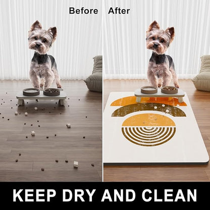 Dog Food Mat, 12" x 19" Absorbent Dog Cat Bowl Mat for Food and Water, Cute Anti-Slip Rubber Pet Feeding Rug Protect Floors Washable Placemat for Feeding & Watering Supplies, Modern Circle Art