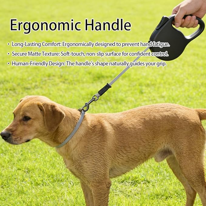 Retractable Dog Leash for Medium & Large Dogs up to 80 lbs, One-Handed Brake, 180kg Strong Nylon Tape, Tangle Free, Anti-Slip Handle (M & L Size) (Black, L-5M)