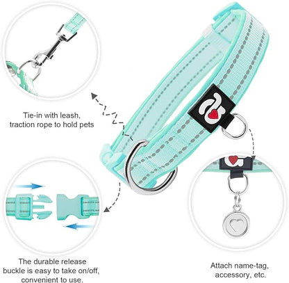 azuza Reflective Dog Collar with Airtag Holder, Soft Neoprene Padded Pet Collar with ID Tag Ring, Adjustable for Large Dogs,Teal,L