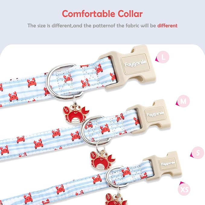 Faygarsle Cute Crab Pattern Dog Collar, Cotton Fabric, Light Blue Stripes, for Small Medium Large Dogs S