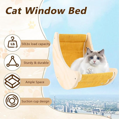 Cat Window Bed, Window Seat for Cats Inside, Wooden Half Moon Shaped Cat Window Perch with Strong Suction Cups for Sleep and Watch Birds
