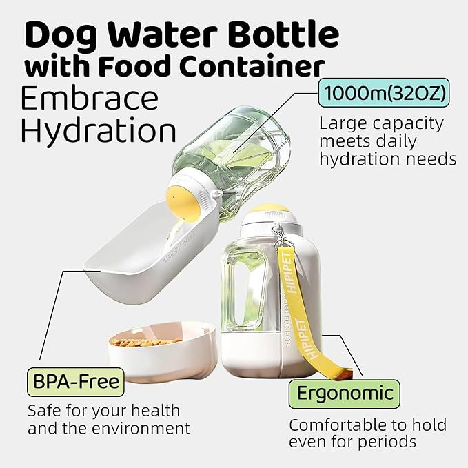 Dog Water Bottle with Food Container, 32oz Travel Dog Water Bottle (3 in 1), Leak Proof Portable Water for Dogs with Twist Dispensing, Outdoor Walking Hiking Camping Essentials