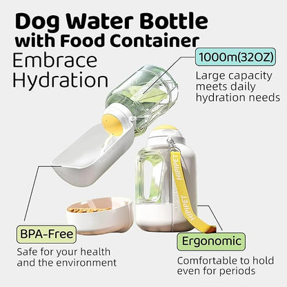 Dog Water Bottle with Food Container, 32oz Travel Dog Water Bottle (3 in 1), Leak Proof Portable Water for Dogs with Twist Dispensing, Outdoor Walking Hiking Camping Essentials