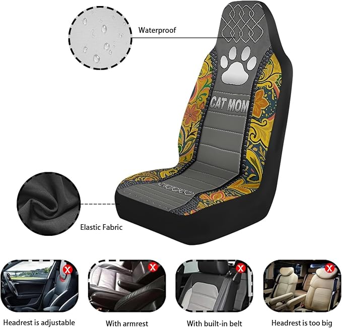Cat Mom Paw Car Seat Covers 2 Pcs Waterproof Universal Front Seat Protective Cover Boho Flower Easy to Install Automobile Interior Decorate Accessories Fit for Car SUV Trucks