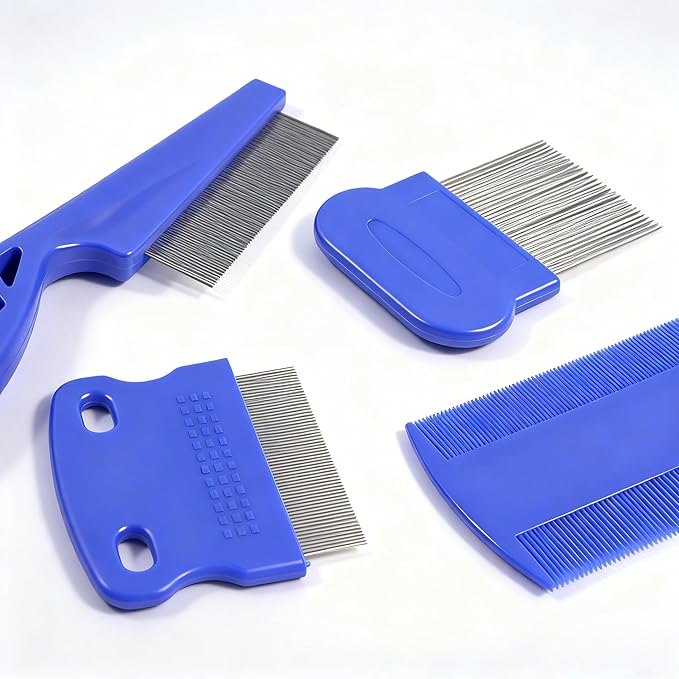 3/4/5-pieces flea and lice comb set, stainless steel pet comb (for dogs and cats, circular tooth design), double-sided tear stain remover, pet shedding comb, suitable for all types of pets (5pcs)