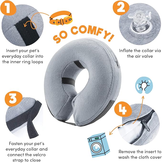 BENCMATE Inflatable Dog Cone Collar Alternative, Soft Dog Cone for Small Medium Large Dogs and Cats, Neck Recovery ECollar Donut Collar After Surgery (Large, Grey)