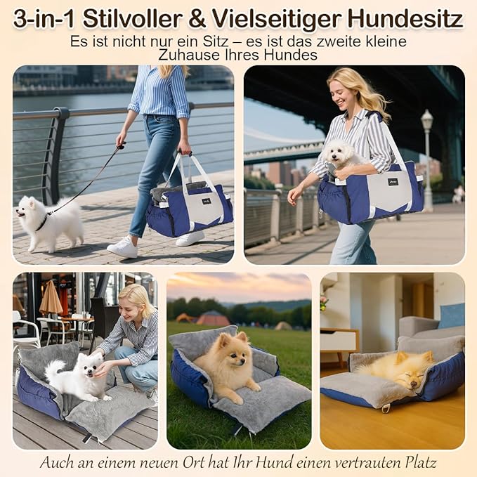 SIVES Dog Car Seat for Small Dogs, Soft Booster Seat Travel Bed with Side Flaps, Non-Slip Base, Seat Belt Straps + Safety Tether, Storage Pocket, Washable Cushion, Recommended Up to 33 lbs, Blue