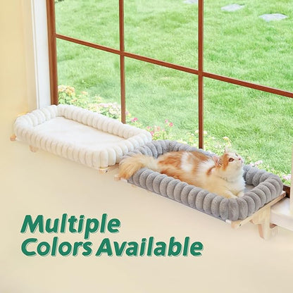 Zakkart SnugCloud Cat Window Perch with 4-Sided Bolster - Large Cat Hammock for Window Sill - Solid Hardwood & Metal Frame - Window Seat for Pets (Natural Color Wood w/Gray Bed, Large)