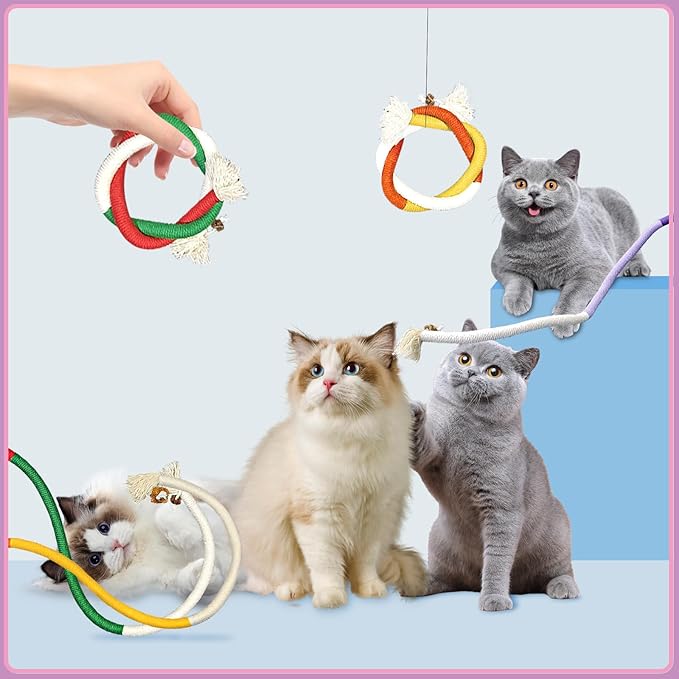 Andiker Cotton Rope Toys, 27.55Inches Color Blocking Cotton Rope Toys, Safe Cat Toys Teething Chew for Boredom and Stimulating (Red+Green+Beige)