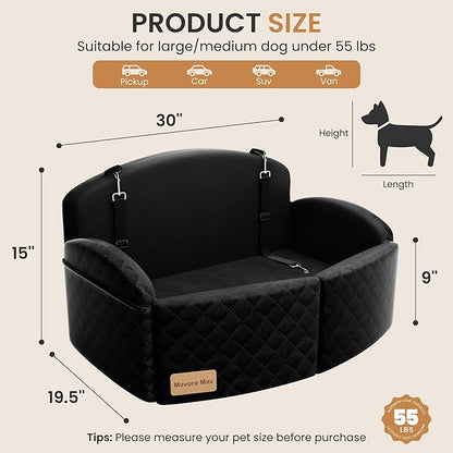 Dog Car Seat for Medium/Large Dogs, Memory Foam Dog Booster Seat with Thick Cushion up to 55 lbs or 2 Small Dogs, Travel Pet Car Seat with Detachable Washable Cover, 2 Safety Leashes (Black/Black)