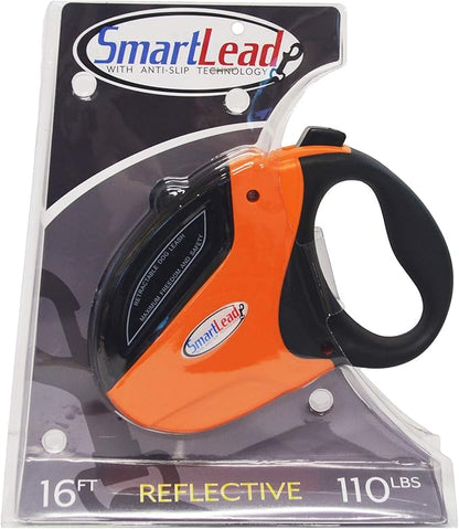 SmartLead Retractable, Reflective, Heavy-Duty 16-Foot Nylon Dog Leash, Tangle Free, Anti-Slip Brake Technology, Easy Grip Handle, Good for Dogs up to 110 Pounds – Orange (RL05OR)