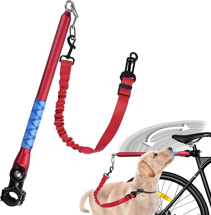 Bicycle Dog Leash for Riding, Hands Free 150° Rotating Built-in Shock Absorber Bike Retractable Leashes for Cycling, Elastic Nylon Adjusted Car Holder Seat Belt Rope (Red)