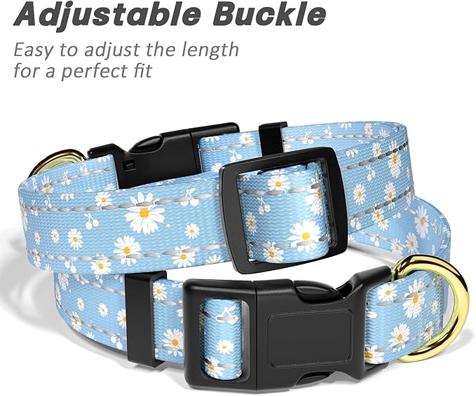 Reflective Dog Collar for Small Dogs, Cute Daisy Theme Adjustable Heavy-Duty Nylon Puppy Collar for Boy and Girl Female, Soft Pet Accessories with Quick Release Buckle, Neck 10-16", Blue