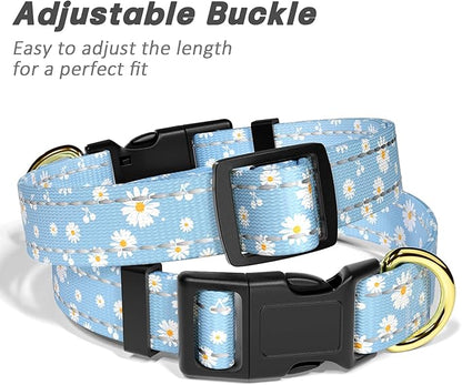 Reflective Dog Collar for Extra Small Dogs, Cute Daisy Theme Adjustable Heavy-Duty Nylon Puppy Collar for Boy and Girl Female, Soft Pet Accessories with Quick Release Buckle, Neck 8-12", Blue