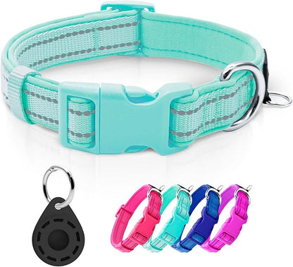 azuza Reflective Dog Collar with Airtag Holder, Soft Neoprene Padded Pet Collar with ID Tag Ring, Adjustable for Large Dogs,Teal,L