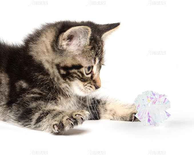 AUEAR, 20 Pack Dye Free Cat Crinkle Balls 2" Mylar Sounds Shiny Kitty Glitter for Cats