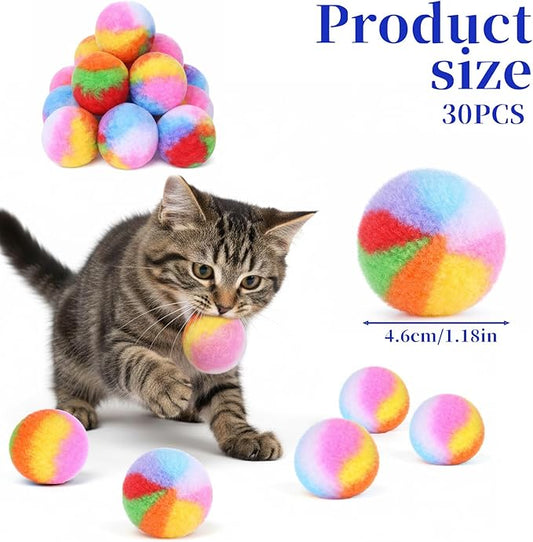 30 Pcs Soft Plush Cat Ball, 1.8 inch Rainbow Colorful Kitty Fuzzy Puff Pom Pom Balls Fun Kitten Quiet Play Kicker Exercise Chasing Toys for Pet Interactive