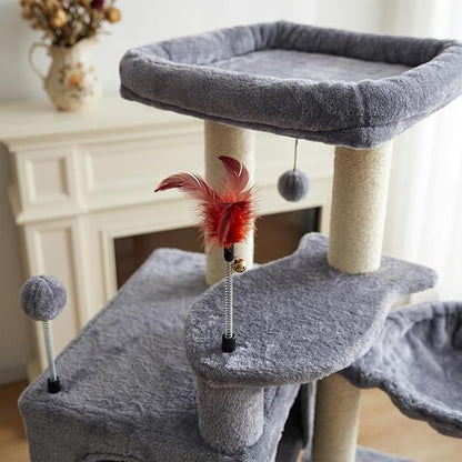 35.4'' Multifunction Cat Tree with Cozy Hammock & Hanging Ball, Cat Tower with Activity Cat Condo & Jute-Covered Scratching Posts, Grey