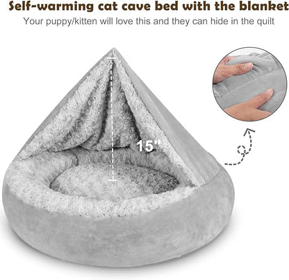 JOEJOY Small Dog Bed Cat Bed with Hooded Blanket, Cozy Cuddler Luxury Puppy Pet Bed, Donut Round Calming Anti-Anxiety Dog Burrow Cave Bed - Anti-Slip Bottom and Machine Washable 23 inch