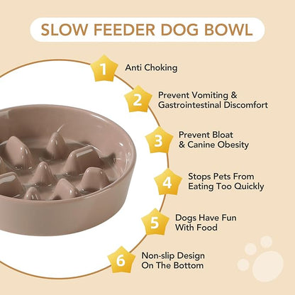 Ceramic 1.2 Cup Dog Bowl Slow Feeder, 7.3 inch Slow Pet Food Dish for Medium and Small Dog, Stop Bloat, Stop Bloat, Preventing Choking(Single Bowl, Brown Coffee)