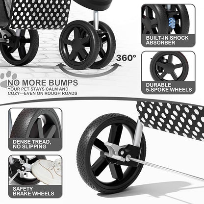 MoNiBloom 3 Wheels Pet Dog Cat Stroller for Small Medium Dogs Cats, Foldable Jogger Stroller w/Storage Basket and Cup Holder, Black Polka Dots
