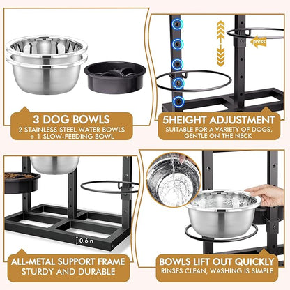 Elevated Dog Bowls Stand for Medium Large Dogs, 5 Adjustable Height Metal Raised Dog Bowl Stand 3 Food Water Bowls and Slow Feeder Bowl with Non-Slip Feet