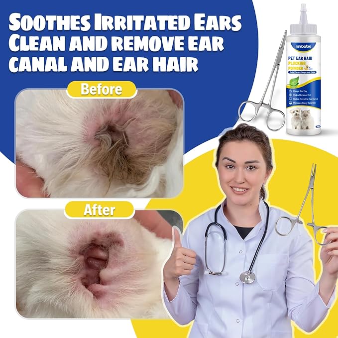 Upgraded Dog Ear Powder with 5.5 Inch Hair Removal Tool, Pet Ear Grooming Cleaner for Wax and Odor Control, Keeps Ears Dry & Soothes Itchiness