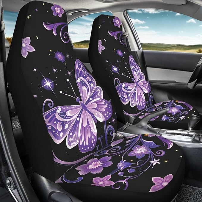Dreaweet Car Seat Covers Front Seats Purple Butterfly Car Accessories for Women Interior 2 Piece Washable Universal High Back Bucket Seat Covers for Cars SUV Sedan