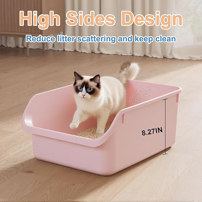 Cat Litter Box with High Sides Anti-Splashing for Indoor Cats Low Entry Kitty Litter Boxes (Pink)