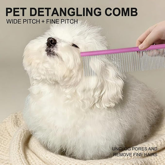 Large Purple Pet 2-in-1 Metal Comb Fine&Wide Teeth Comb Dematting Grooming Tool Pet Flea Comb for Dogs and Cats Remove Loose Hair Mats Knots Tangles Dirt Fleas