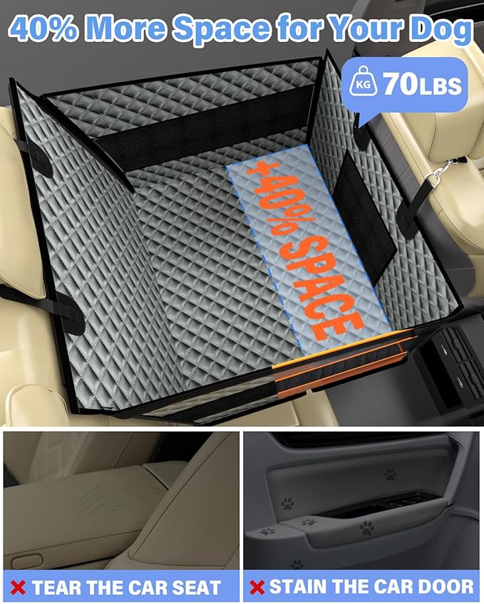 Instraella Dog Car Seat for Large Dogs, Back Seat Extender for Dogs, Foldable Pet Car Seat with Waterproof Oxford Fabric and Non-Slip Bottom, All-Around Protection and Strong Support, Grey