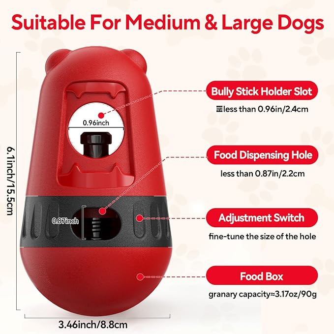 2 in 1 Interactive Treat Dispensing Dog Toys, Bully Stick Holder, Adjustable Dog Treat Holder for Medium & Large Dogs, Safety Device to Prevent Choking, Red