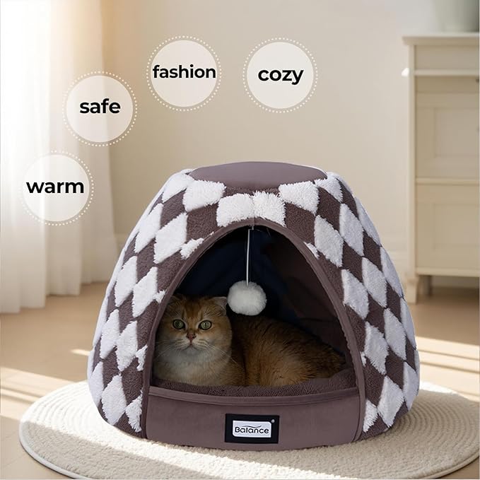 BALANCE Cat Beds for Indoor Cats, 2-in-1 Cat Bed Cave with Anti-Slip Bottom and Ultra-Soft Plush, Cozy Cats House Tent for Kittens and Small Dogs, 21 Inches, Dark Brown