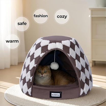BALANCE Cat Beds for Indoor Cats, 2-in-1 Cat Bed Cave with Anti-Slip Bottom and Ultra-Soft Plush, Cozy Cats House Tent for Kittens and Small Dogs, 21 Inches, Dark Brown