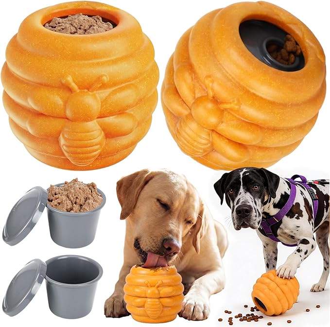 1 Pack Large Dog Toys for Aggressive Chewers, Dog Treat Dispensing Toy to Keep Them Busy, 2-in-1 Fillable Holder with 2 Cups and Food-Dispensing Lids for Large Medium (Yellow)