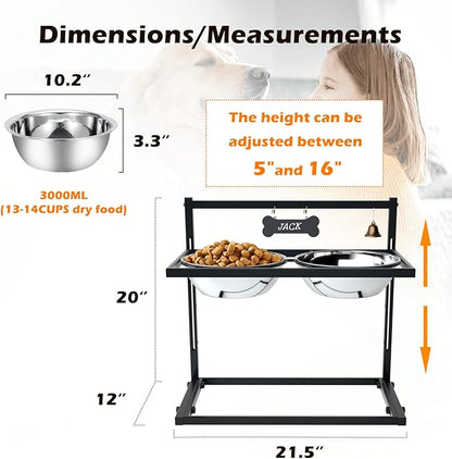 SHAINFUN Elevated Dog Feeder for Large Breeds, Adjustable Height Raised Dog Bowl Stand with 3000ML Stainless Steel Bowls