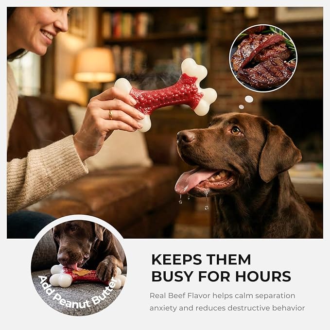 6-Pack Dog Toys for Aggressive Chewers, Indestructible 8" Tough Nylon Bone, Teething & Boredom Relief Chew for Large Dogs, Beef Flavor