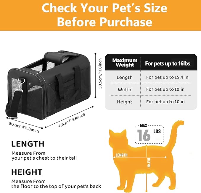 Simple Deluxe Airline-Approved Cat Carrier, 17" x 12" x 12", Soft-Sided Pet Carrier for Cats up to 17 lbs, Durable & Collapsible Travel Carrier, Black
