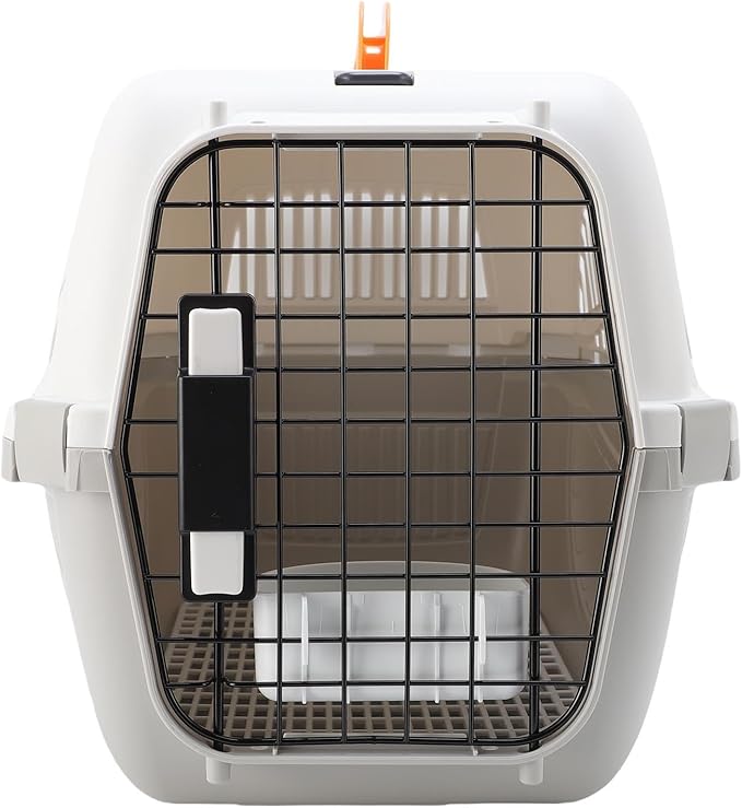 Plastic Pet Carrier, 18.9x12.6x12.6 Inch Hard Sided Crate, with Wire Door and Water Bowl, Ventilation and Security Lock, for Small Dogs and Cats Camping (Gray)