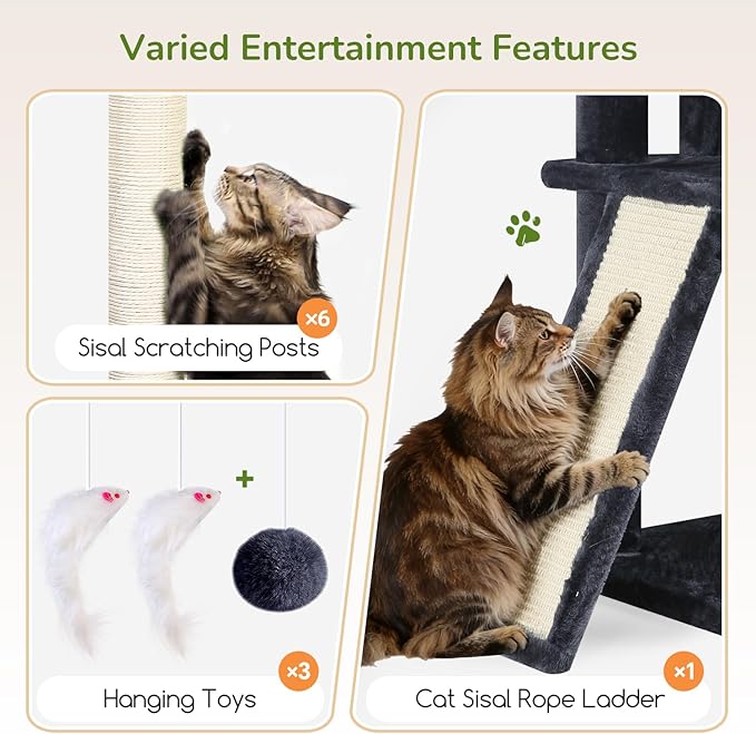 Globlazer Extra Large Cat Tree, 78 inch Sturdy Tall Cat Tree Tower for Indoor Multiple Large Adult Cats Kittens with 6 Scratching Posts, Enlarged Top Perch, 2 Padded Condos, S78G, Dark Grey